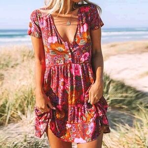 Boho Daisy Floral Print Multicolor Colorful Mini Dress Size Small